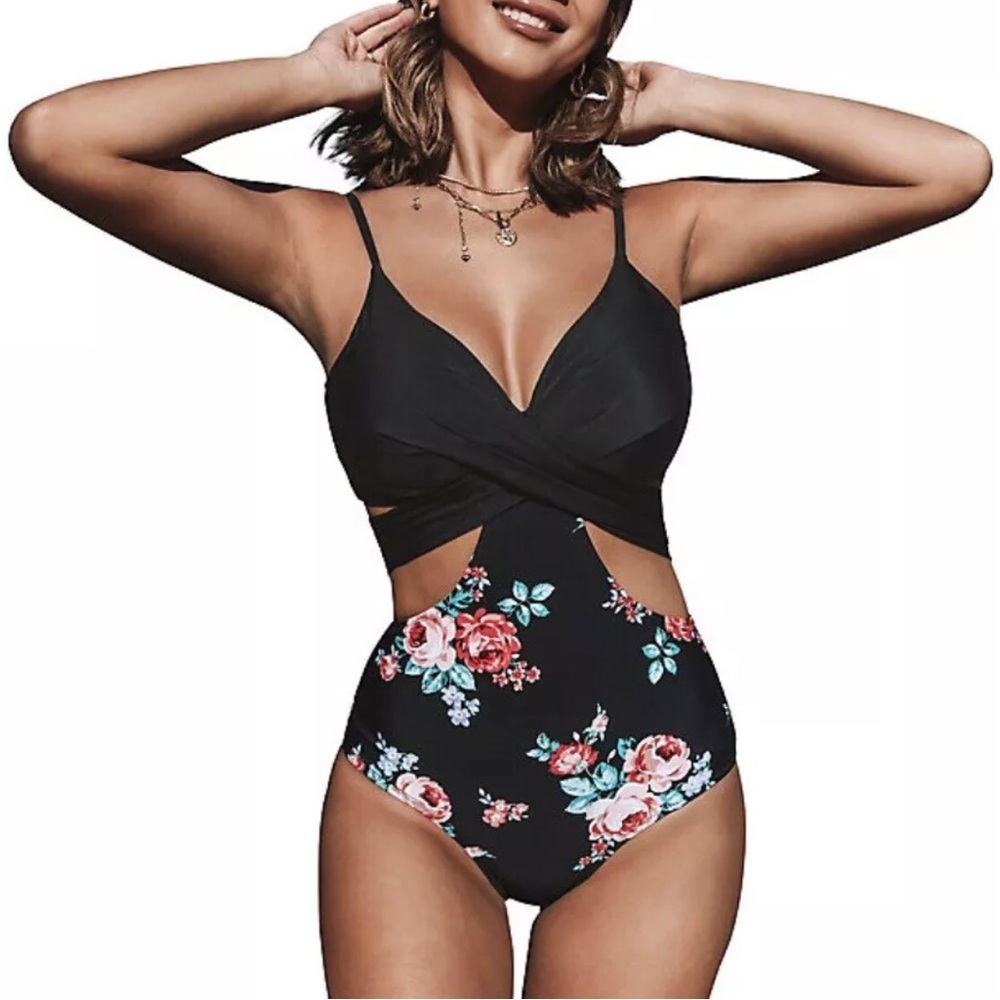 NWT CUPSHE Black Floral Wrap Cutout 1 Piece Bathing Suit Swimsuit Sz S Tie Back - Picture 5 of 14